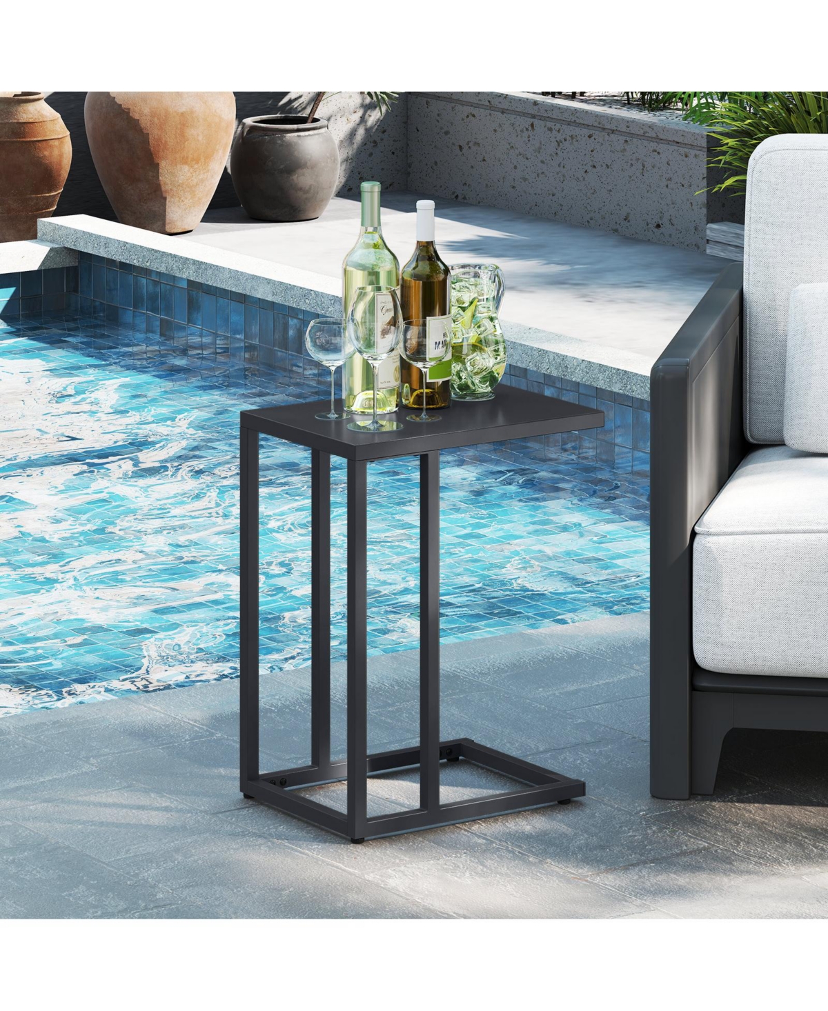 Gymax C Shaped End Table w/ Metal Frame Sofa Table for Small Space Indoor Outdoor