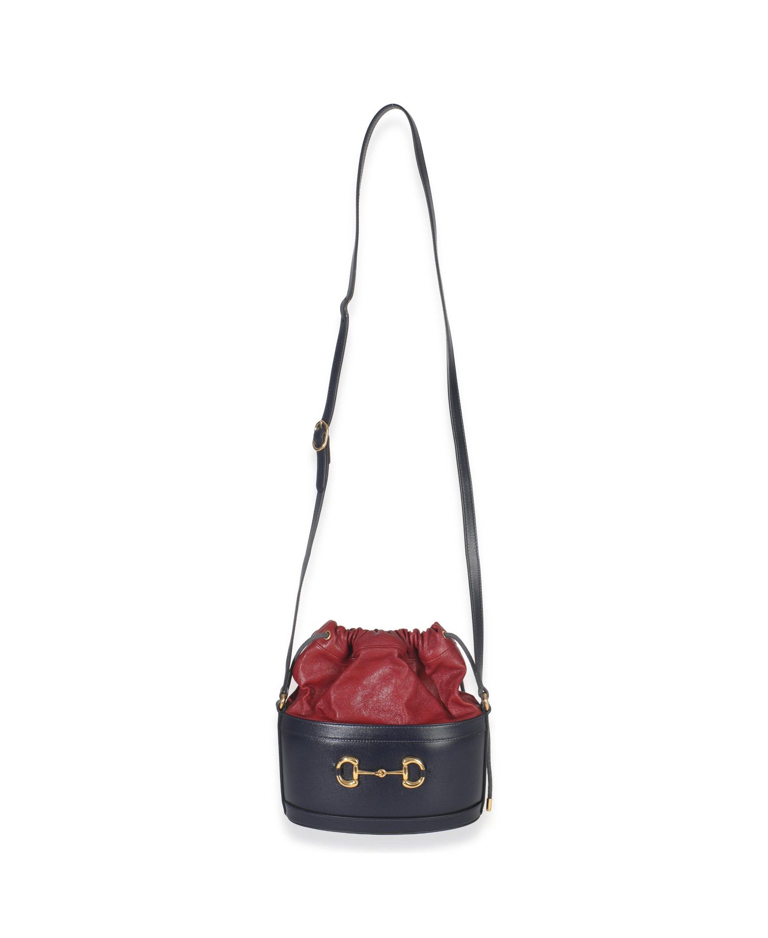 Red Navy Calfskin Horsebit 1955 Drawstring Bucket Bag