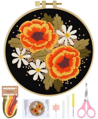 Embroidery Kit Beginners Flower Cross Cloth Hoops Threads - Floral