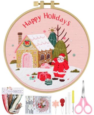 Embroidery Kit Beginners Flower Cross Cloth Hoops Threads - Santa claus