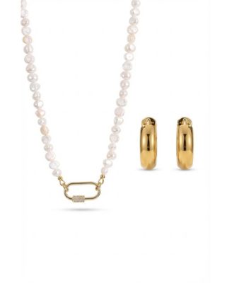 Freshwater Pearl Gold-Tone Layered Necklace And Huggie Earring Set