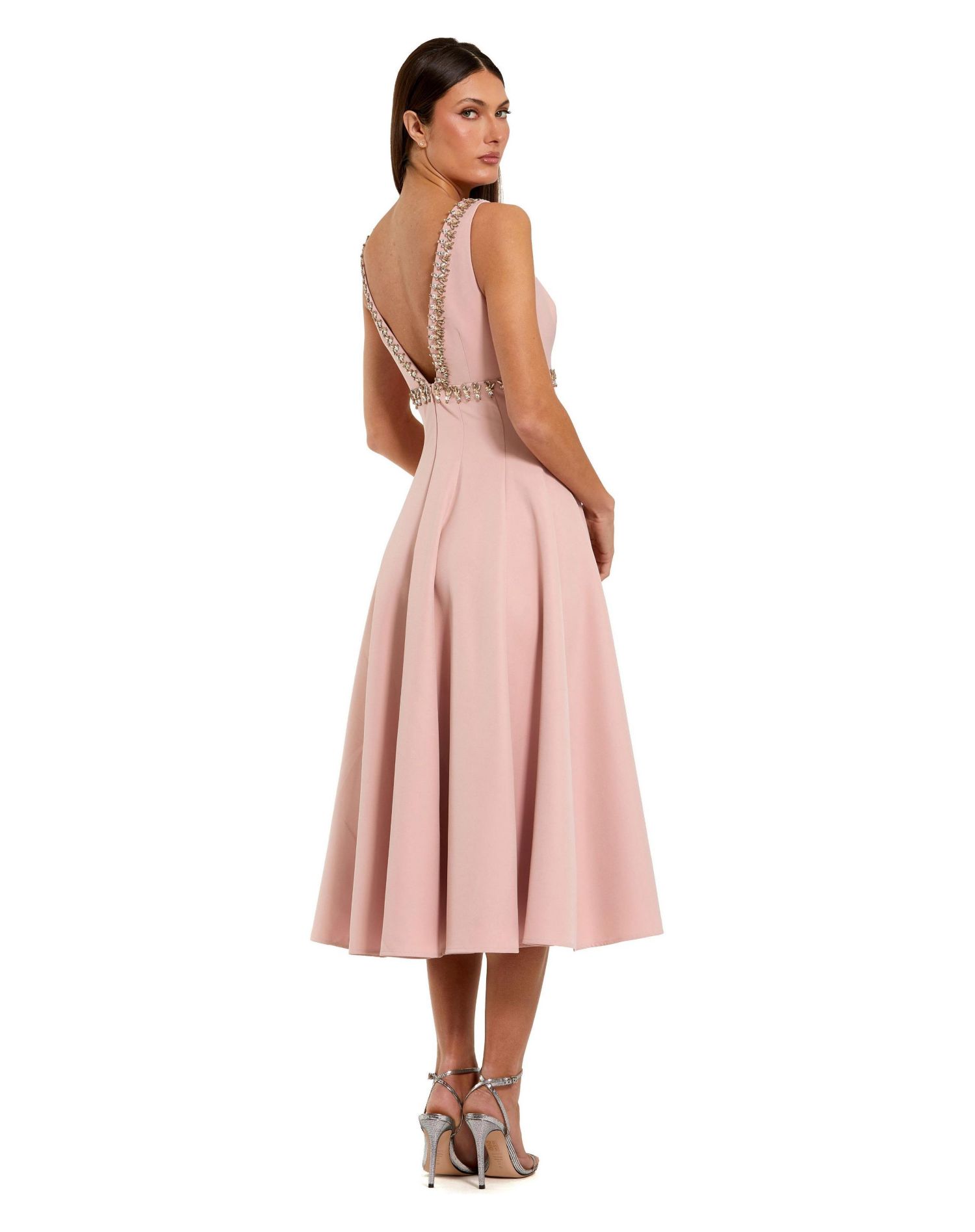Women's Rhinestone Embellished Crepe A Line Midi Dress