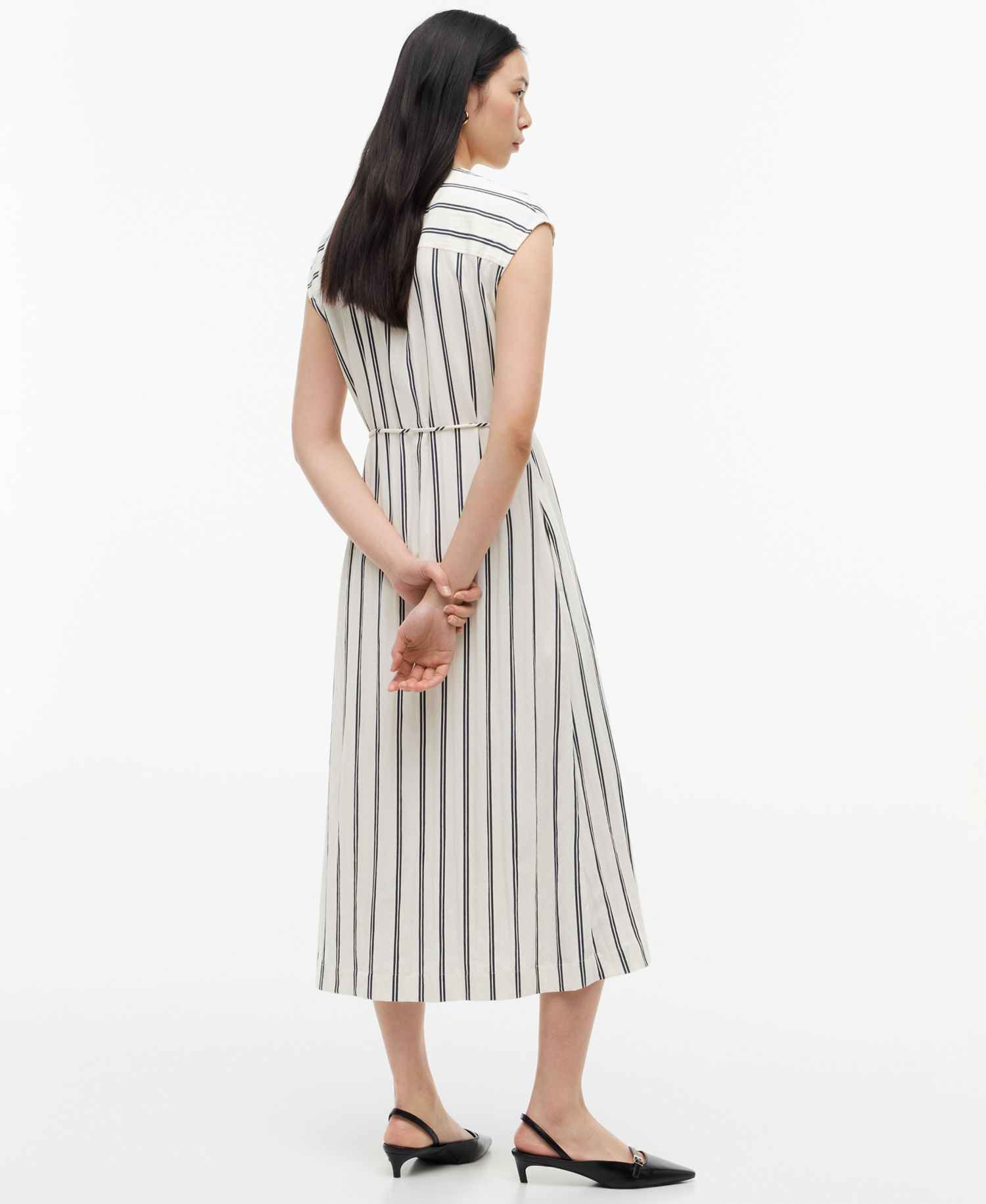 Women's Nautical Stripe Button-Front V-Neck Linen-Blend Midi Dress