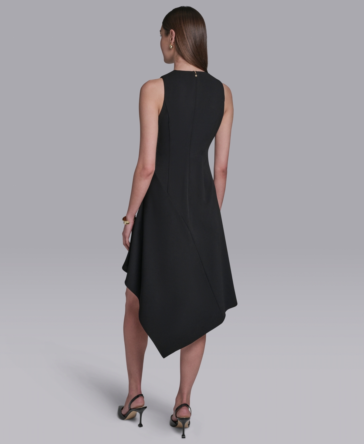 Halston Women's Keyhole Detail Sleeveless Asymmetrical Hem Midi Dress