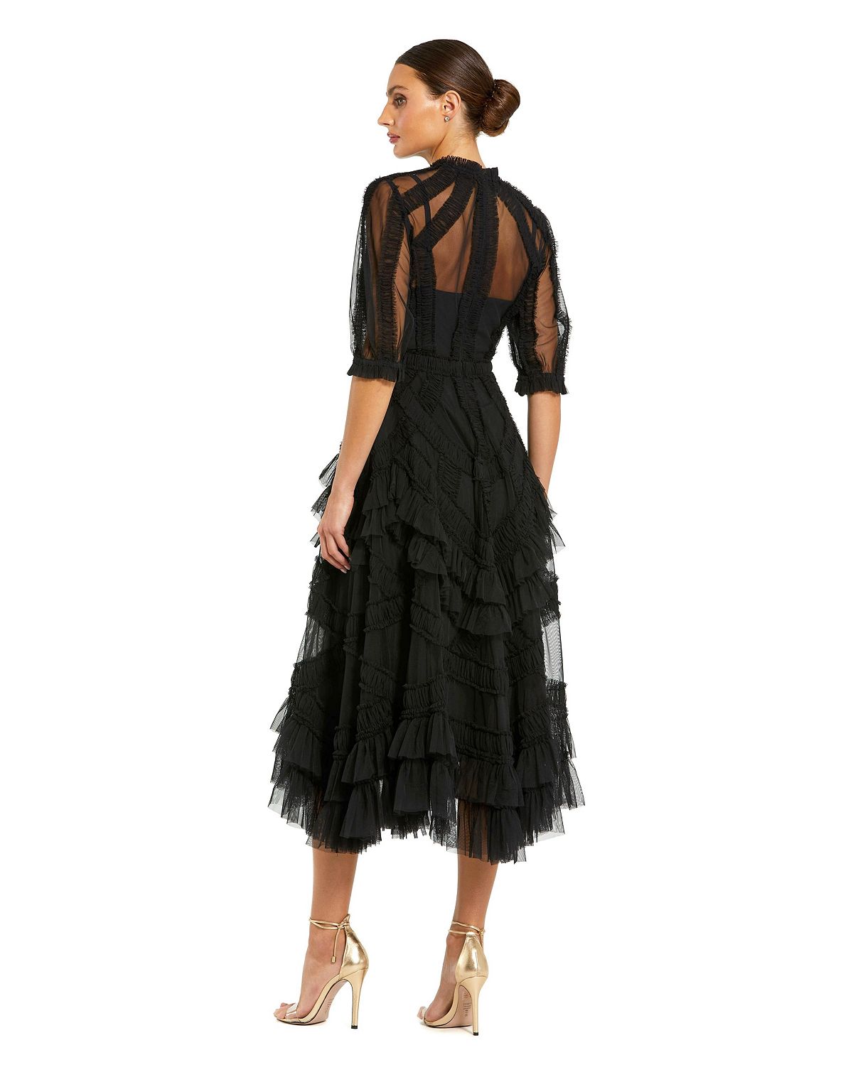 Mac Duggal Petite Illusion High Neck Tiered Ruffle A-Line Midi Dress view 2 — MAYCSS fashion products