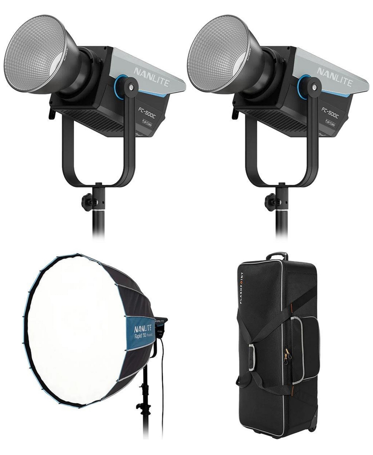 Nanlite Fc-500C 500W Rgbw Cob Led Video 2-Light Kit, Bundle with Rapid 90 Parabolic Softbox and Cb-06 Wheeled Hard Carrying Case - Black