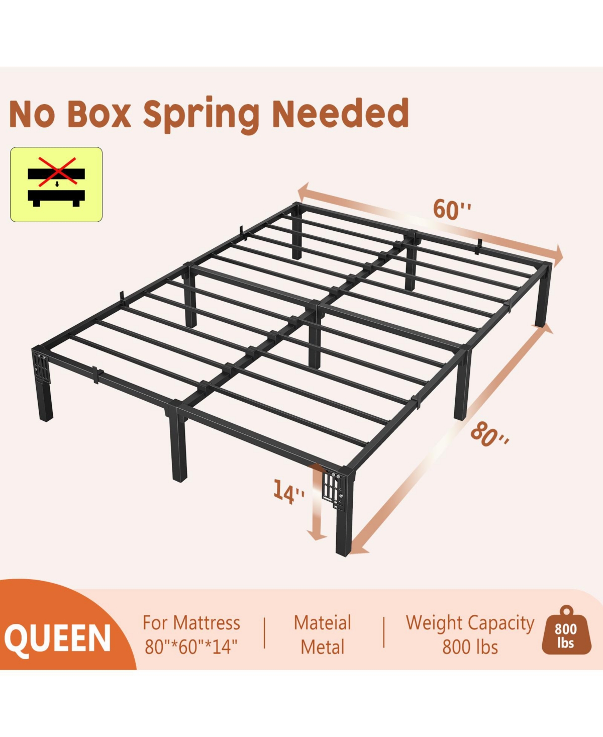 homfan Heavy Duty Metal PlLow Profile 14 Inch, Iron Slats and Legs, No Box Seasonal Needed, Quiet and Non-Slip,Under Bed Storage