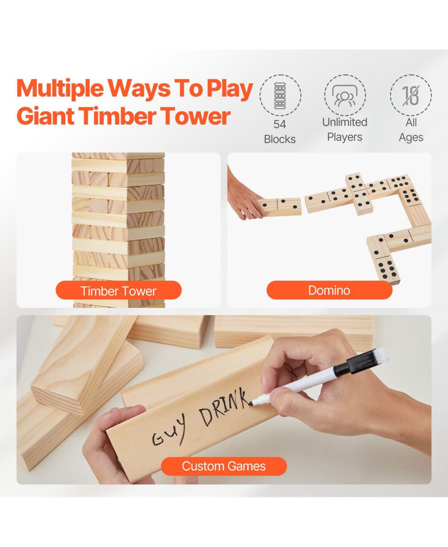 Детские игрушки Mecale Tumbling Tower 54 Pine Wood Blocks with Storage Crate Board Game, Ages 13+, цвет: Коричневый — фото 5