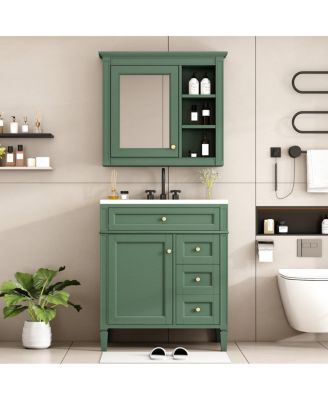 30 Inch Modern Bathroom Vanity with Mirror Cabinet, Solid Wood and MDF, Ceramic Sink, Ample Storage for Home Bath