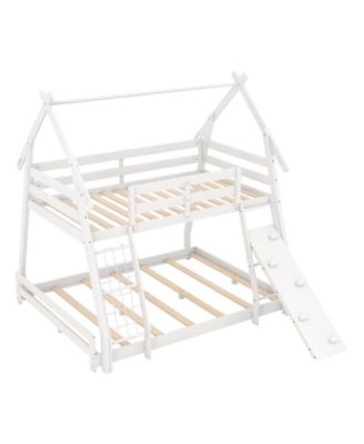 Wooden Twin Queen Bunk Bed with Ramp and Climbing Nets
