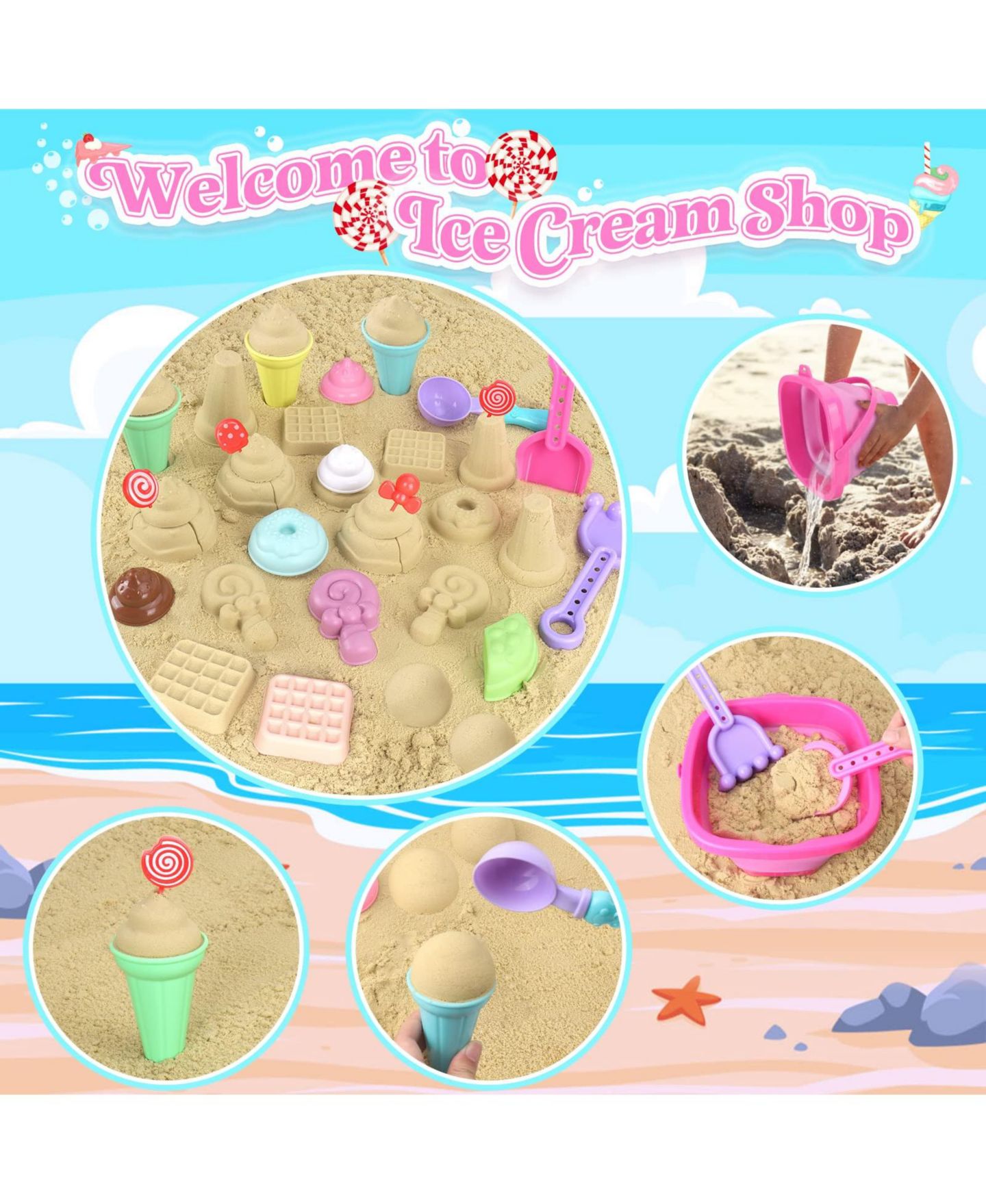 Детские игрушки GNUADZ 19-Piece Collapsible Ice Cream-Themed Beach Toy Set, Ages 3-10, цвет: Разноцветный — фото 3