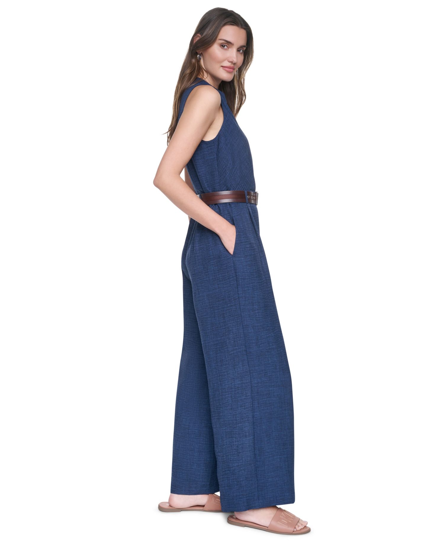 Women's Collared Sleeveless Belted Jumpsuit