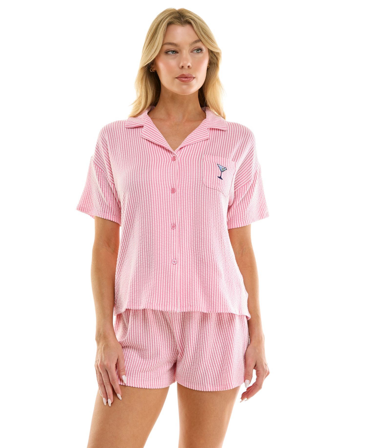 Women's Knit Seersucker Notch Collar Top and Shorts, 2-Piece Set