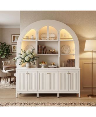 Modern Cabinet with Bluetooth LED Lighting - Farmhouse Hutch with Rock Texture Finish |Accent Storage Cabinet with Glass Doors