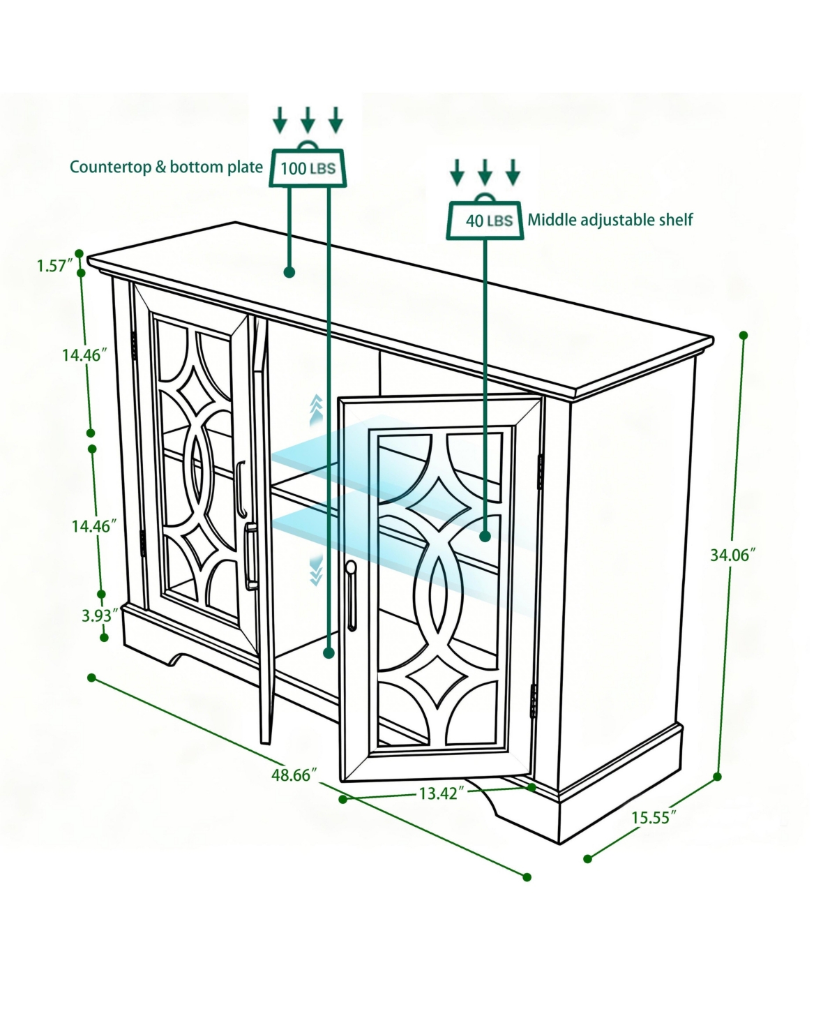 Sailvan 3-Tempered Glass Door Sideboard, 48.66" Spacious Buffet with Adjustable Shelf
