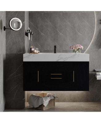 Wall Mounted Bathroom Vanity with Faux Marble Top, Soft Close Drawers, Seamless Ceramic Sink, Black Plywood Cabinet