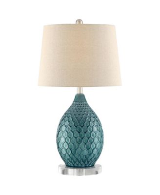 Kate Modern Coastal Table Lamp with Round Riser 25 3/4" High Blue Ceramic Oatmeal Fabric Drum Shade for Bedroom Living Room Bedside Kids
