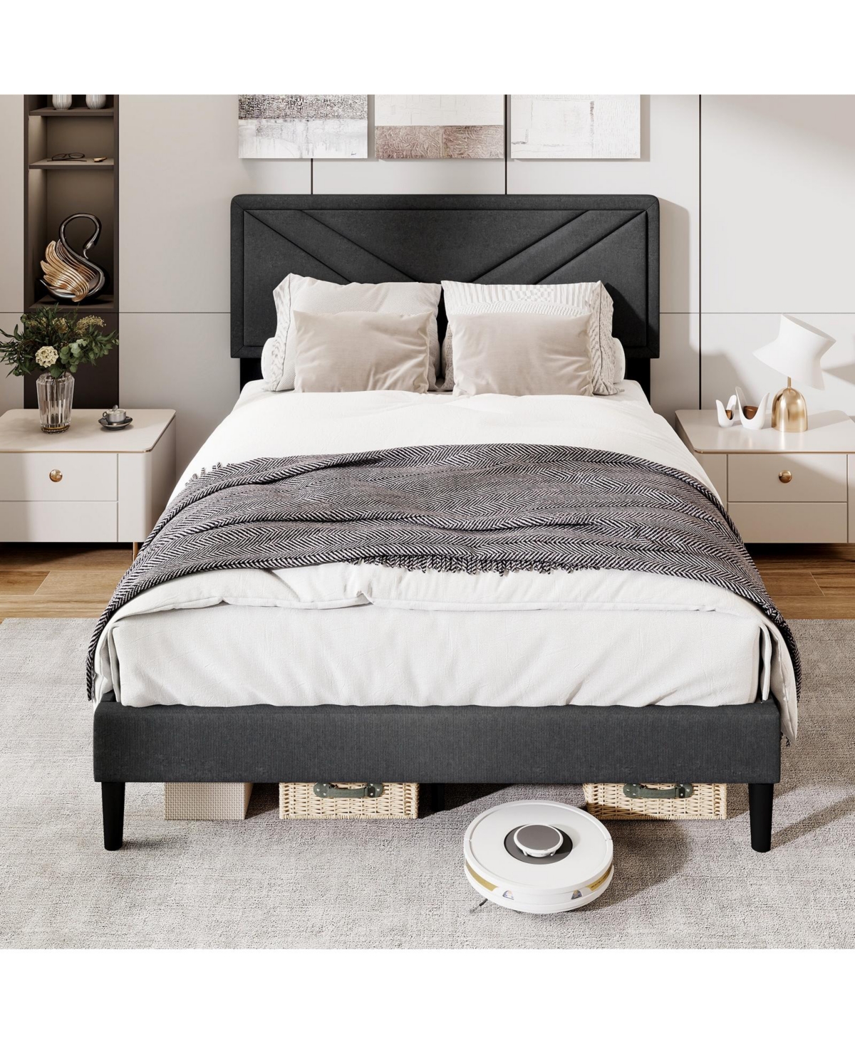 Slickblue Platform Bed Frame with Upholstered Tufted Headboard and Slats