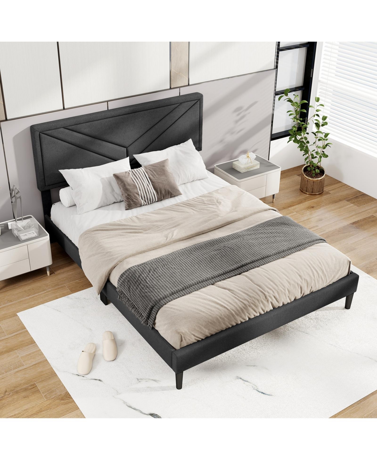 Slickblue Platform Bed Frame with Upholstered Tufted Headboard Slats