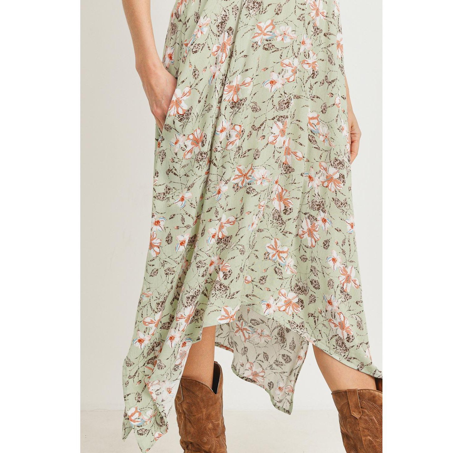 Women's Floral V-Neck Spaghetti Strap Midi Dress with Pockets