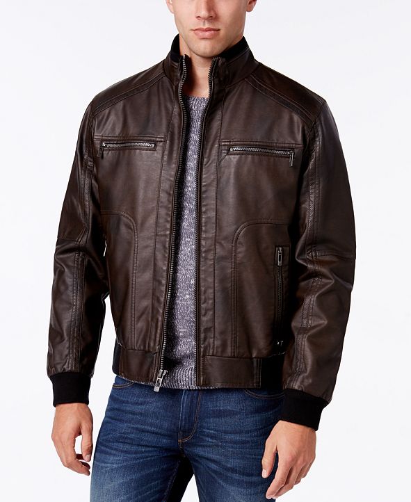 Calvin Klein Men's Faux-Leather Stand-Collar Bomber Jacket & Reviews ...