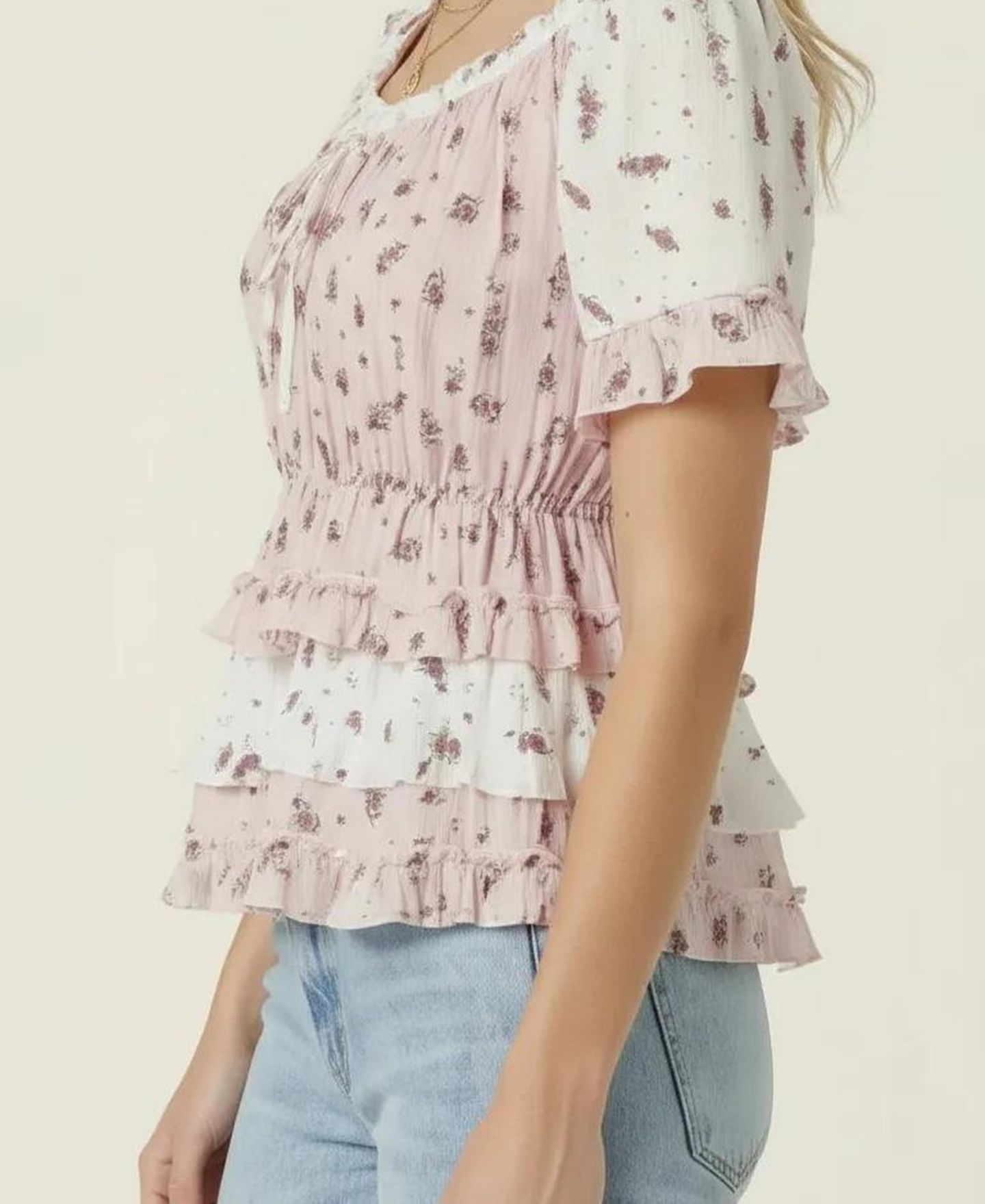 Женский топ Modenaire Floral Tie-Neck Ruffle Peplum, цвет: Розовый — фото 4