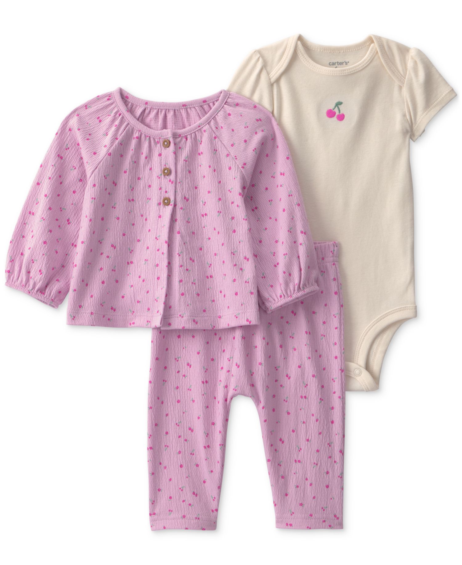 Baby Girls' Cherry Layering Bodysuit, Cardigan and Pants, 3-Piece Set