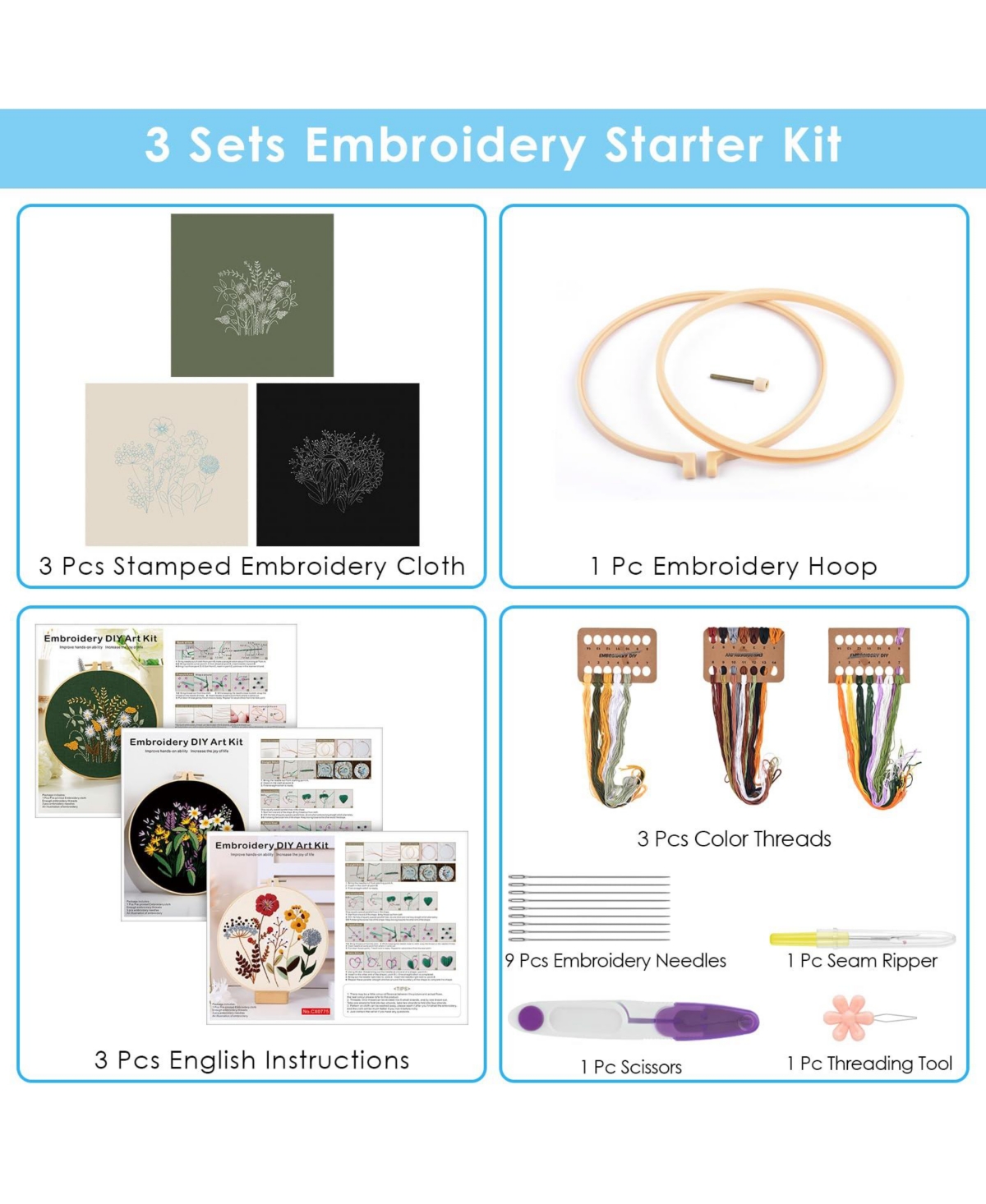 Gnuadz 3 Sets Embroidery Kit Floral Cross Stitch Cloth Hoops Threads Plants Flowers