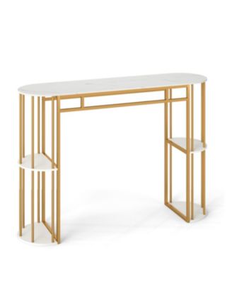 Modern Narrow Bar Table with Faux Marble Tabletop and Built-in Storage Shelves