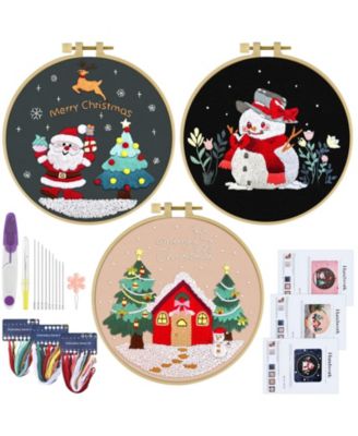 3 Sets Christmas Embroidery Kit Beginners Cross Stitch Hoops Threads