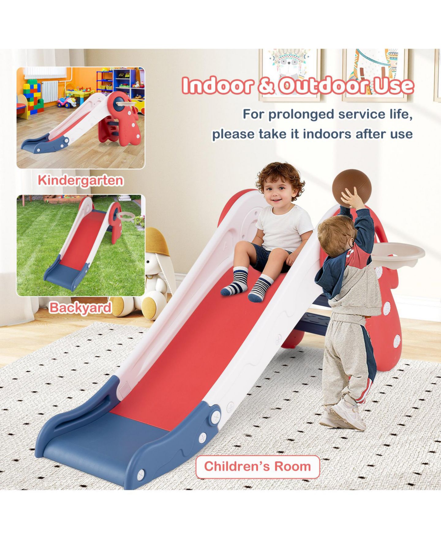 Детские игрушки Mecale 3-in-1 Toddler Slide and Climber Set with Basketball Hoop and Ball, цвет: Красный — фото 3