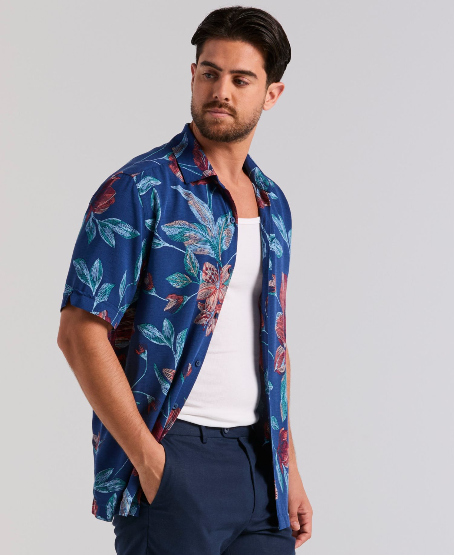 Men's Short-Sleeve Pointilism Floral Print Shirt