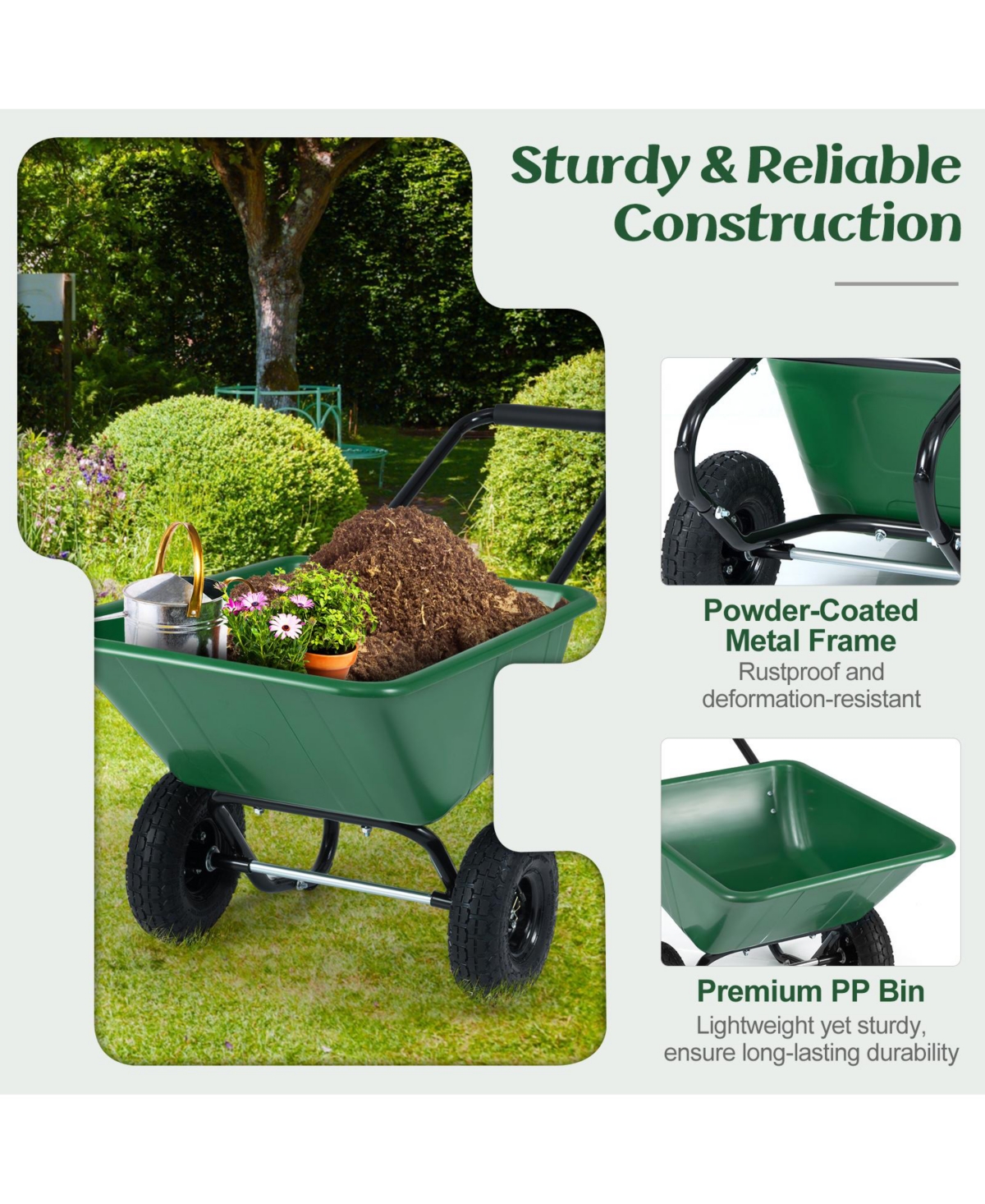 Slickblue Heavy Duty Dual Wheel Wheelbarrow Cart with Air Filled Tires for Garden and Lawn