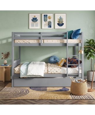 full Over full Rubber Wood Bunk Bed with 2 Drawers, Convertible into 2 full Beds with Ladder