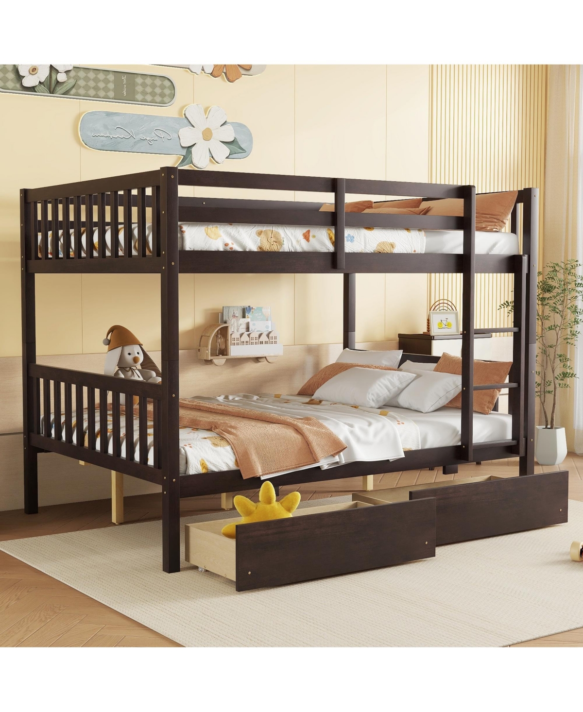 Sailvan full Over Rubber Wood Bunk Bed with 2 Drawers, Convertible into Beds Ladder