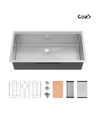 33 x 22 Inch Stainless Steel Kitchen Sink Single Bowl Overmount Handmade with Cutting Board and Colander