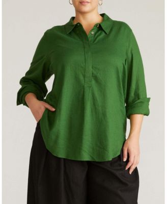 Plus Size Elbe Popover Stretch Linen Shirt