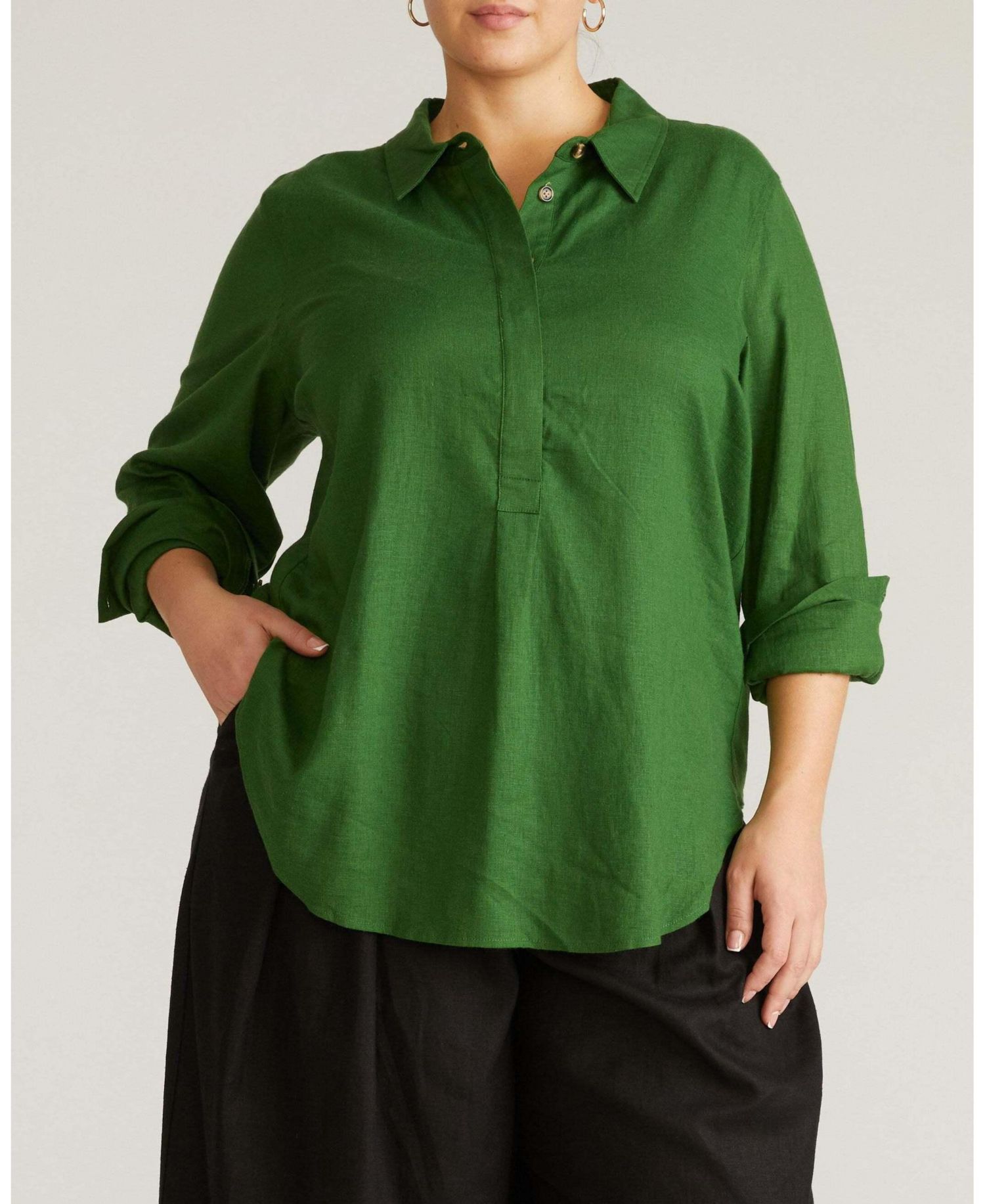 Plus Size Elbe Popover Stretch Linen Shirt