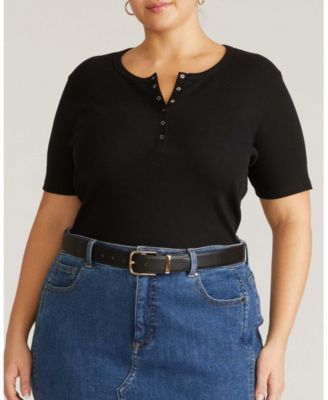 Plus Size Henley Short Sleeve Ribbed Tee