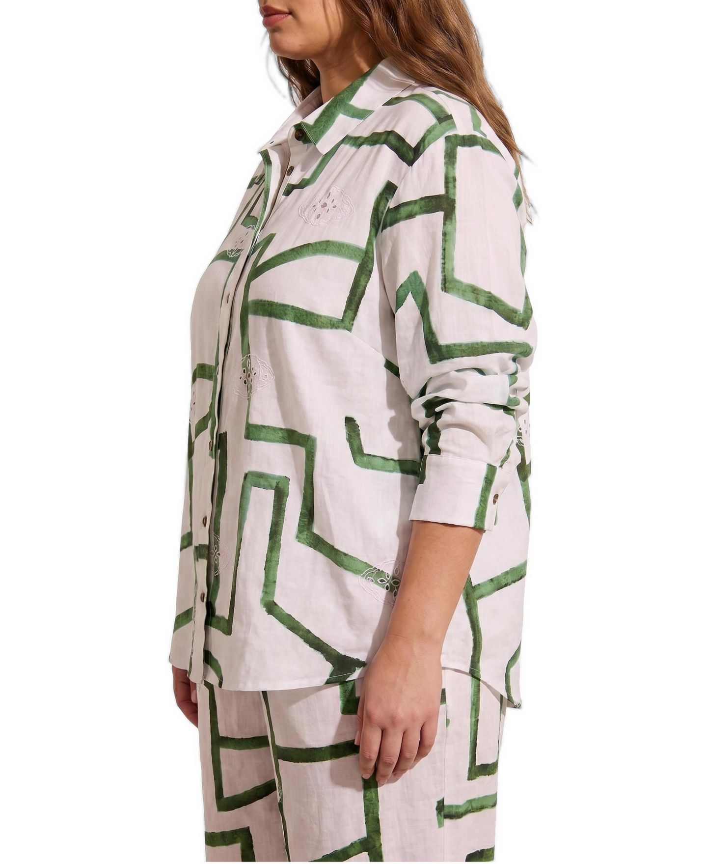 Женский топ Universal Standard Plus Size Dawn Linen Hi Low Tunic, цвет: Зелёный с принтом — фото 3