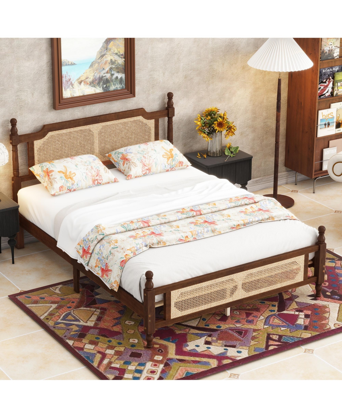 Sailvan Queen Pine wooden Bed with Rattan Headboard and Footboard, Central Enhanced Platform