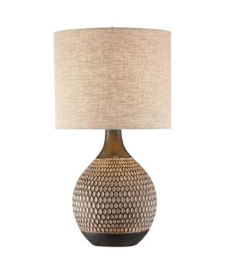 Mid-Century Modern Accent Table Lamp with USB Charging Port 21" High Wood Ceramic Oatmeal Drum Shade Living Room Desk Bedroom