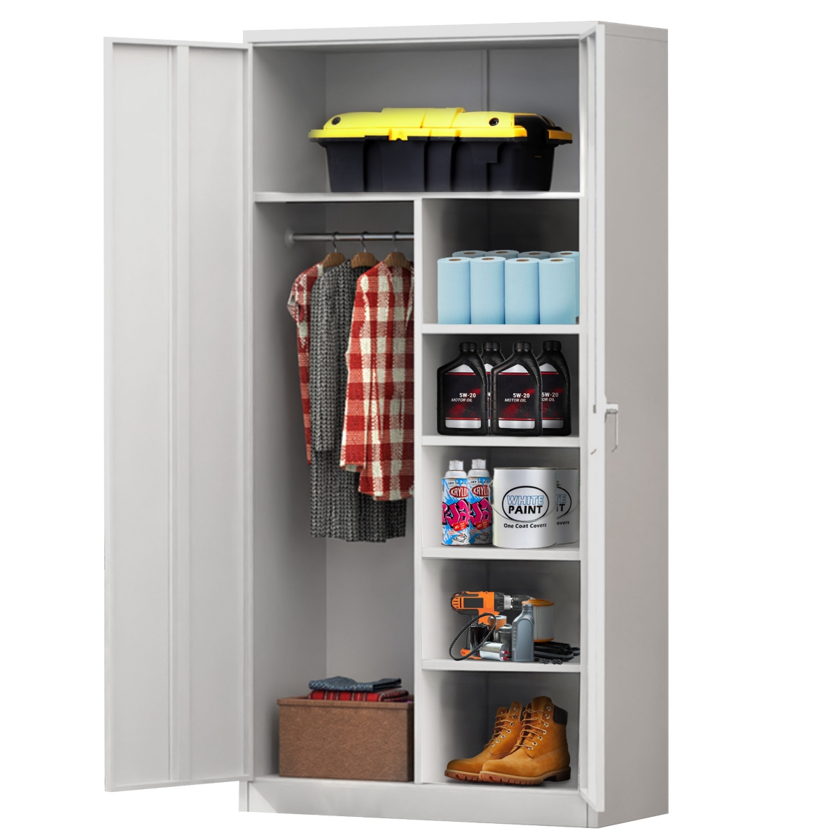 Aobabo Metal Storage Cabinet with 3 Adjustable Shelves and 1 Cloth Rail, White