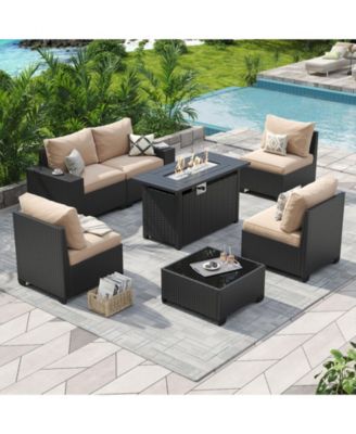 7-Piece Wicker Outdoor Sectional Sofa Set with Cushions with 44" Propane Fire Pit Table