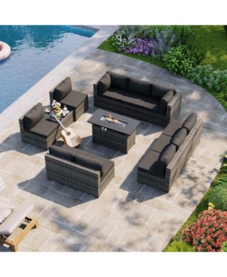 12-Piece Outdoor   Wicker Patio Conversation Set with 44" Propane Fire Pit Table and   Cushions