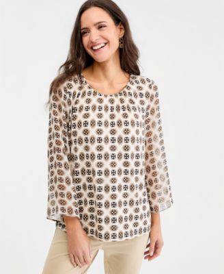 Women's Printed Chiffon-Sleeve Gathered-Neck Top