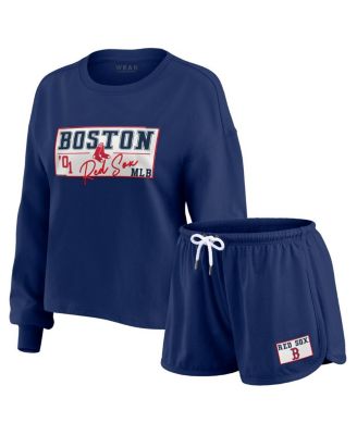 Women's Navy Boston Red Sox Heavy Rugby Jersey Cropped Long Sleeve T-Shirt & Shorts Lounge Set