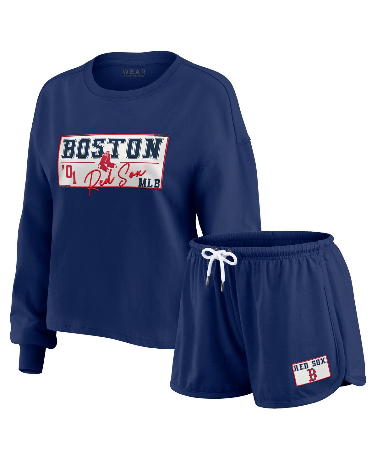 Wear by Erin Andrews Women's Navy Boston Red Sox Heavy Rugby Jersey Cropped Long Sleeve T-Shirt Shorts Lounge Set