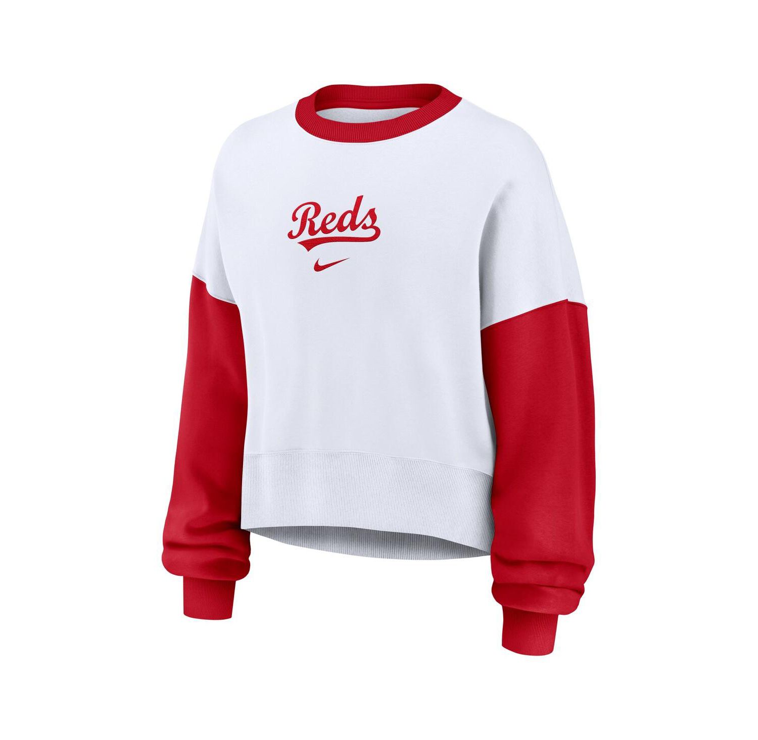 Women's White/Red Cincinnati Reds Oversized High Hip Fleece Sweatshirt