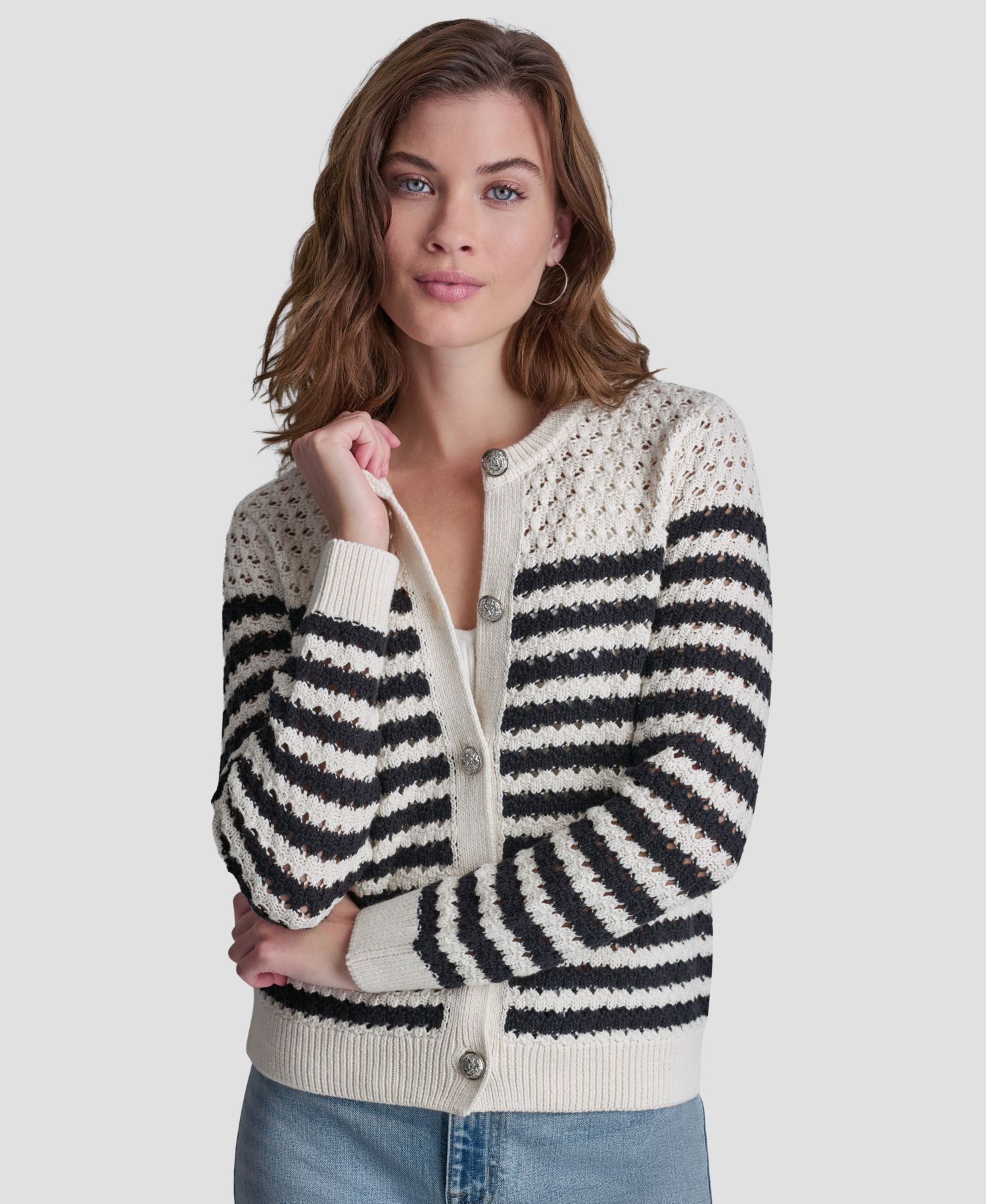 Petite Long-Sleeve Stripe Pointelle Stitch Cardigan